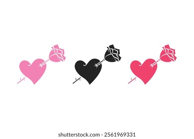 vector heart arrow rose flower monochrome style with black, pink and red colors