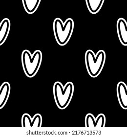 Vector Heart Background. Geometry Pattern Batik Graphic. Hand Drawn Doodle Painting. Design Illustration Brush Stroke. Seamless Art Backdrop. Black And White. Saint Valentine Concept