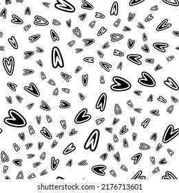 Vector Heart Background. Geometry Pattern Batik Graphic. Hand Drawn Doodle Painting. Design Illustration Brush Stroke. Seamless Art Backdrop. Saint Valentine Concept. Black And White