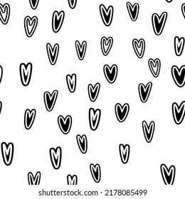 Vector Heart Background. Geometry Pattern Batik Graphic. Hand Drawn Doodle Painting. Design Illustration Brush Stroke. Seamless Art Backdrop. Saint Valentine Concept. Black And White