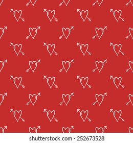 Vector Heart background, love and arrows on red background, seamless romantic pattern. 