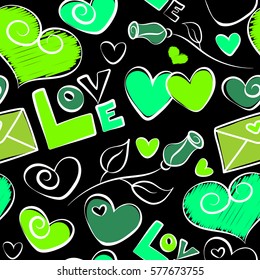 Vector heart background. Seamless pattern with hand drawing hearts, love text, flower and letter in black and green colors. Abstract love symbols on a black backdrop.