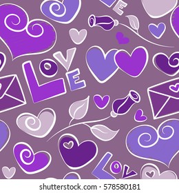 Vector heart background. Seamless pattern with hand drawing hearts, rose flower, love text and letter in violet and purple colors. Abstract stylized love symbols with watercolor effect.