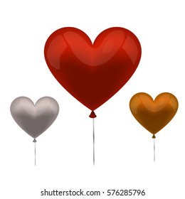 vector  heart balloon set golden silver red isolated on white background
