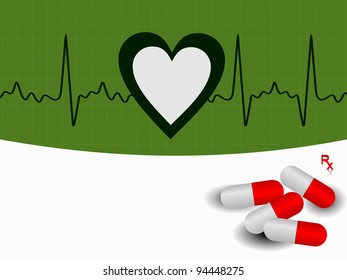 vector Heart beat  illustration with red pills on green background.