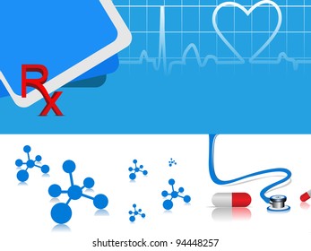 fondo médico vectorial de latido cardíaco con cápsulas, estetoscopio y molécula en azul