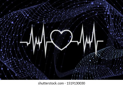 Vector Heart Beat Neon Glowing Icon on the Dark Blue Background with Grid Swirls, Technology Backdrop Template, Health Care Concept.