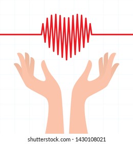 Vector heart beats cardiogram with female hands on white background
