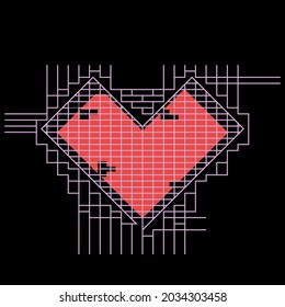Vector heart behind a lattice of neon pipes on a black background. Work in eps 10.