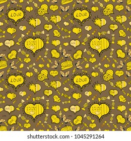 Vector heart. Border wedding. Seamless love pattern with cute lettering calligraphy text and hearts, envelopes, doodles. Swirls in brown, yellow and black colors. Symbol valentines day.