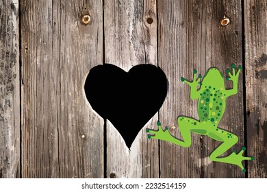 Vector heart carved in wood with green frog sitting on wall. Symbol of toilet and animal.