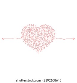 Vector Heart Chaotic Doodle. Thread Clew Knot. Insane Messy Line. Complicated Clew Way. Tangled Cribble Path. Difficult Process.