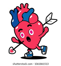 Vector heart character being shot by arrow isolated on white background