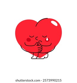 Vector heart character crying. Heartbreak emoji or love relationship end clipart. Cartoon person crying because of divorce. Affection sorrow and romantic loss. Sadness emotion. Lover cry symbol.