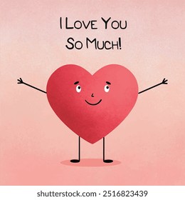 Vector heart, character with smile and text, drawing Romantic illustration for Valentine's Day expressing feelings of love