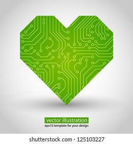 Vector heart. circuit board. Green variant