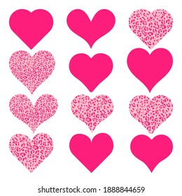colección de corazón vectorial de diferentes formas con impresión leopardo. Símbolos de San Valentín.