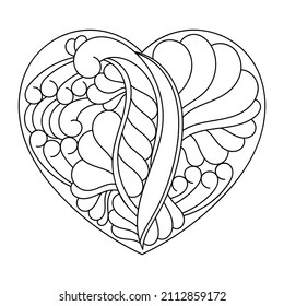 Vector heart for coloring book page. Hand drawn black and white abstract ornament.