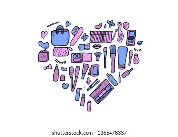 Vector heart composition of beauty items. Set of doodle style cosmetic tools. Makeup collection.  
