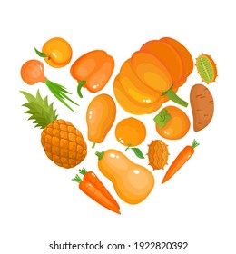 Vector heart concept - eat colors for your health - orange fruit and vegetables in heart isolated on white. Vector illustration of fresh organic meal used for magazine, poster, menu cover, web pages.