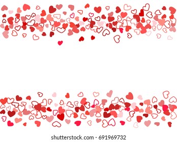 Vector heart confetti border with place for text. Valentine's day banner or card frame. Wedding background, invitation card template. Romantic feelings, relationships concept backdrop.