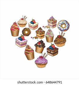 Vector heart with desserts isolated on white background. Big set  with donuts, cakes, pastries with different fillings, cream, berries. Hand drawn illustration