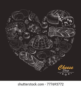 Vector heart from different types of cheese. Vector illustration for your design