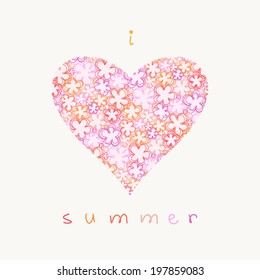 Vector heart of doodle flowers. Summery card in hand drawn childish style. Decorative illustration for print, web