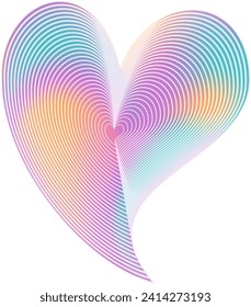 Vector heart element for design, colorful holographic gradient with lines. Y2K aesthetics