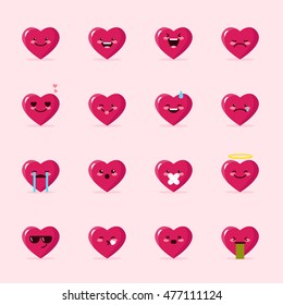 Vector heart emoticons collection. Cute mascot emoji set