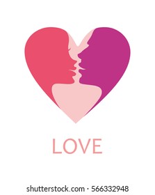 Vector heart face silhouettes of people in passionate love. 
