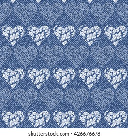 Vector Heart. Floral hearts. Denim floral background. Jeans background with hearts and flowers. Vector Denim seamless pattern. Blue jeans cloth. Valentine background
