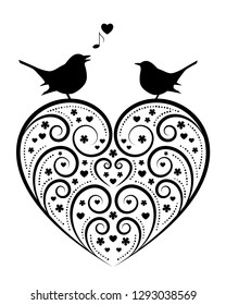 vector heart with floral pattern and love birds isolated on white background