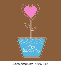 Vector heart flower in pot. Happy Valentines Day card.  Vector illustration