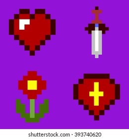 Vector Heart, Flower, Sword, Shield Pixel Game Icons