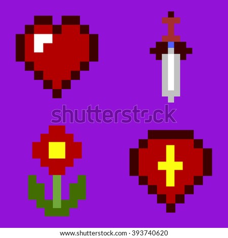Vector Heart, Flower, Sword, Shield Pixel Game Icons