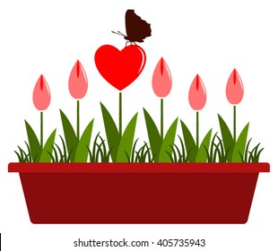vector heart flowers with butterfly in planter isolated on white background