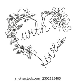 Vector Heart with Flowers in doodle style. A postcard for the Valentine's Day holiday. A symbol of love in the form of a frame with flowers and leaves in the style of line art. Wedding invitation card