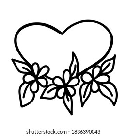Vector heart with flowers drawn by contour in doodle style. Illustration for the holiday of lovers, wedding, anniversary. Valentine's Day.