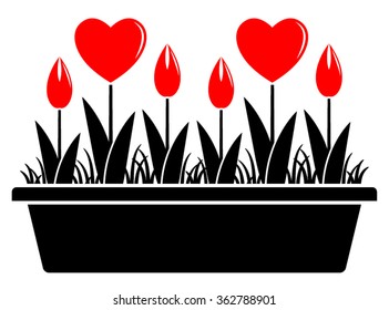 vector heart flowers in planter isolated on white background