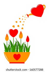 vector heart flowers in pot and heart watering can isolated on white background