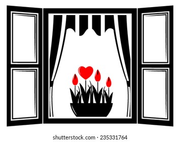 vector heart flowers in the window isolated on white background