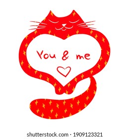 Vector heart in the form of a cat. Valentine, postcard, wedding invitation, engagement. Funny doodle style. 