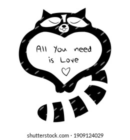 Vector heart in the form of a raccoon. Valentine, postcard, wedding invitation, engagement. Funny doodle style. 