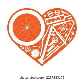 Vector heart formed by the individual parts of the bicycle. Isolated on white background.