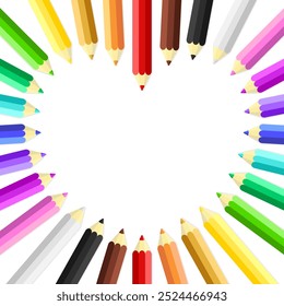 Marco de corazón de Vector con espacio de copia. Lápices de colores sobre fondo blanco.