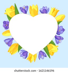 Vector heart frame with flowers - yellow tulips and purple crocuses on a blue background, Valentine's day, for the design of greeting cards, covers, print on textiles