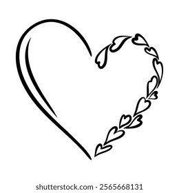 Vector heart frame illustration in line art style. Graphic monochrome drawing. Hand drawn heart outline sketch, ink illustration. Design element for wedding invitation, Valentines day card, tattoo