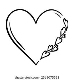 Vector heart frame illustration in line art style. Graphic monochrome drawing. Hand drawn heart outline sketch, ink illustration. Design element for wedding invitation, Valentines day card, tattoo