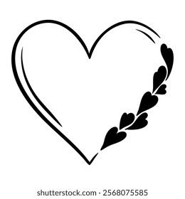 Vector heart frame illustration in line art style. Graphic monochrome drawing. Hand drawn heart outline sketch, ink illustration. Design element for wedding invitation, Valentines day card, tattoo